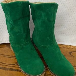 Green Suede Boots with Tan Lining, Sole, and Heel. S. 8.5. Winter Fashion